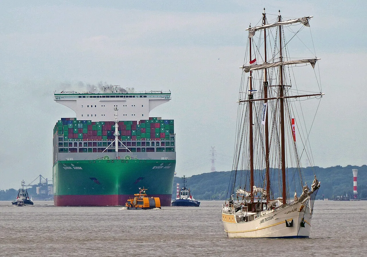 Ever Arm in the background, with the sailing vessel Mare Frisium in the foreground, Hamburg, June 2023.