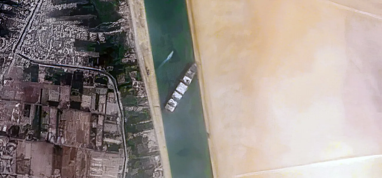 Ever Given across the Suez Canal on 24 March 2021.
