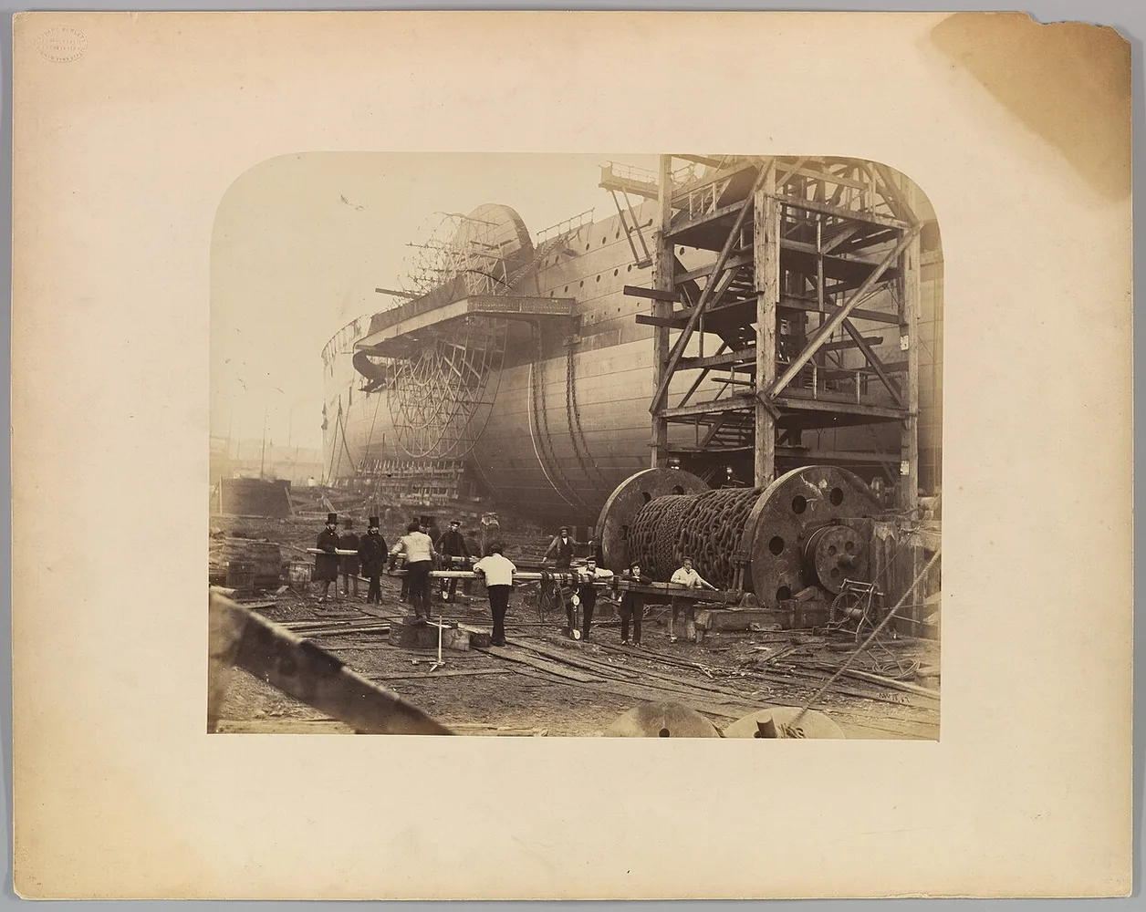 Great Eastern under construction beside its launching chains, photographed by Robert Howlett. Historical photograph from the Metropolitan Museum of Art collection.