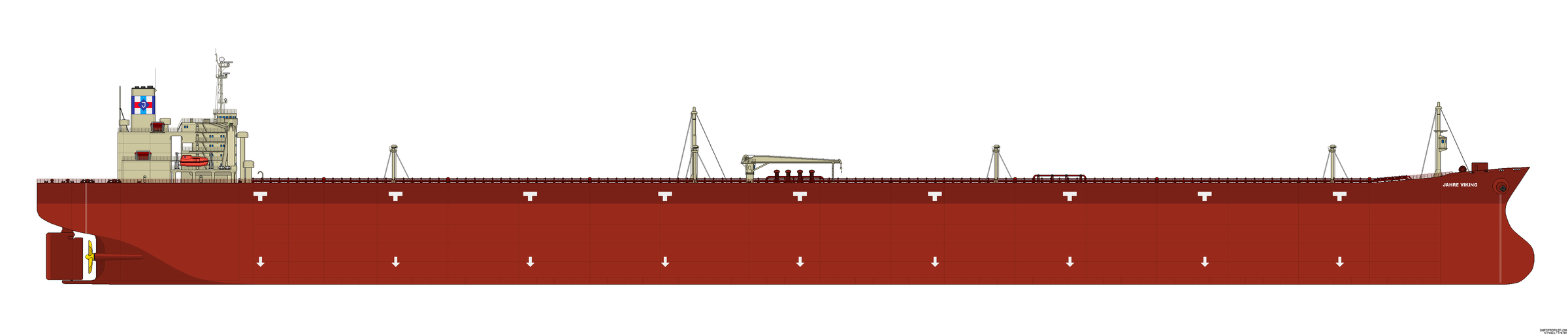 Detailed side-profile illustration of Jahre Viking showing its long red hull, cream-colored bridge and deck machinery.