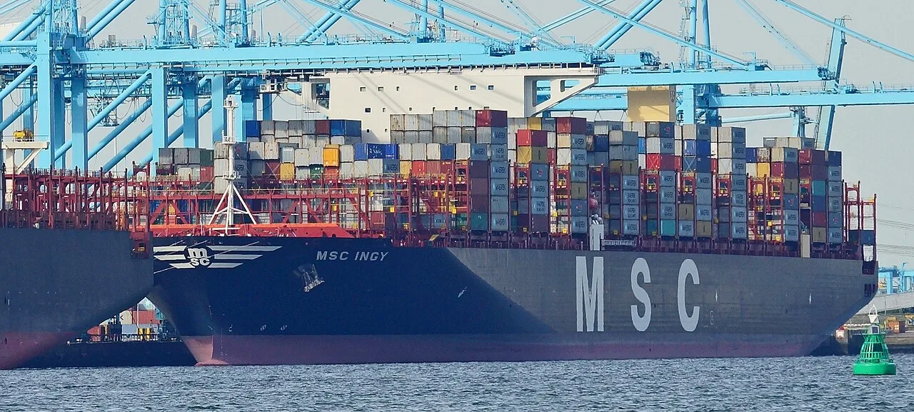 MSC Ingy at Europahaven, Rotterdam, August 2016. Cropped view from the source photograph.
